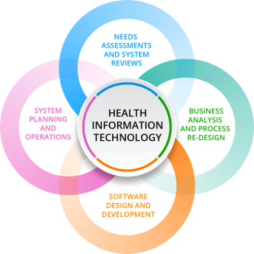 Health informatics solutions chart illustrating HLN Consulting’s public health informatics services, including strategic planning, standards, and data modernization.