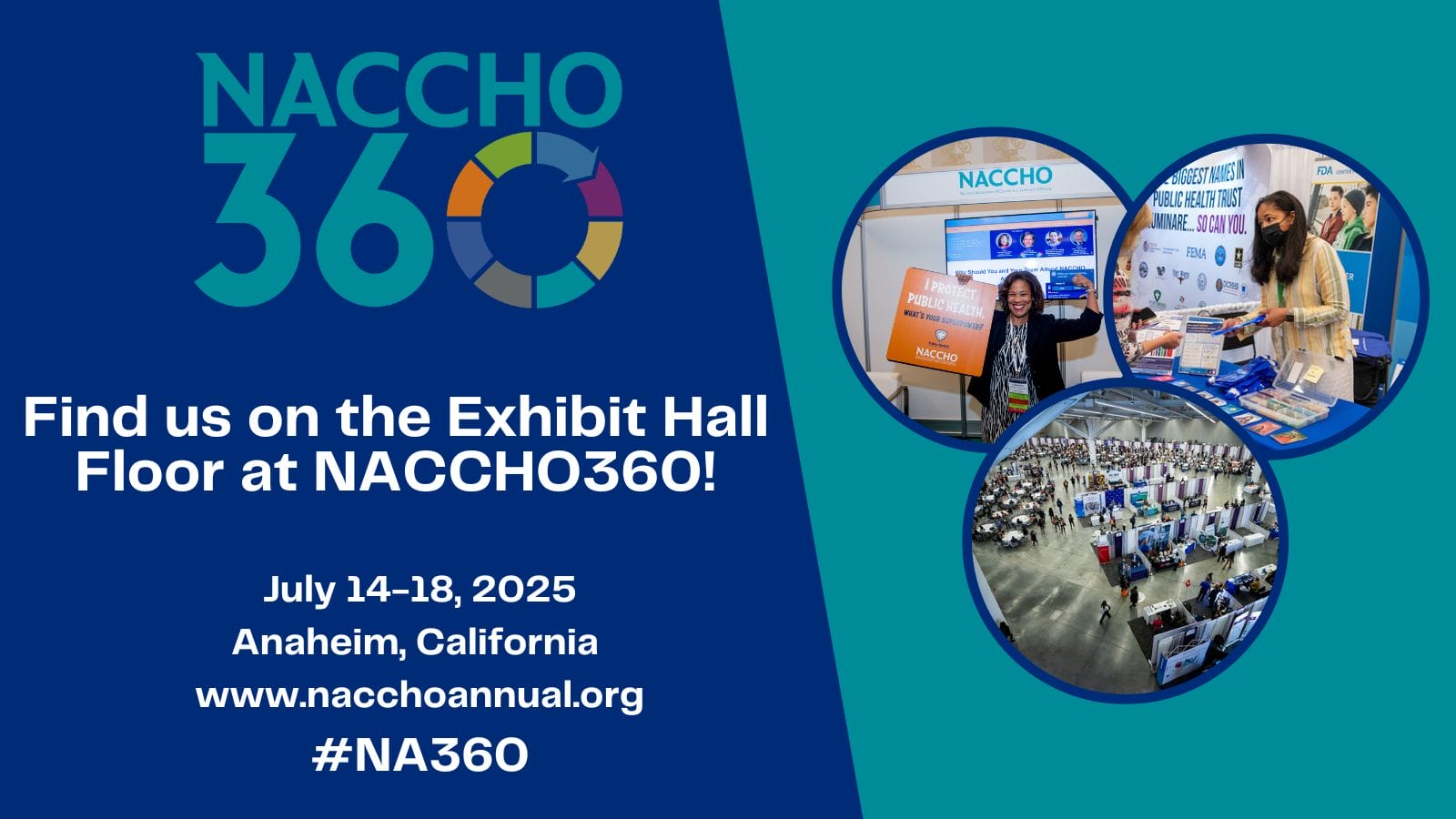HLN Consulting exhibit booth graphic for NACCHO360 2025, with information on booth #212 and poster presentation about data modernization at the Minnesota Department of Health.